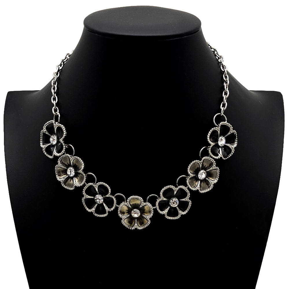 Unbranded Silver-toned Necklace With Black And Silver Flowers